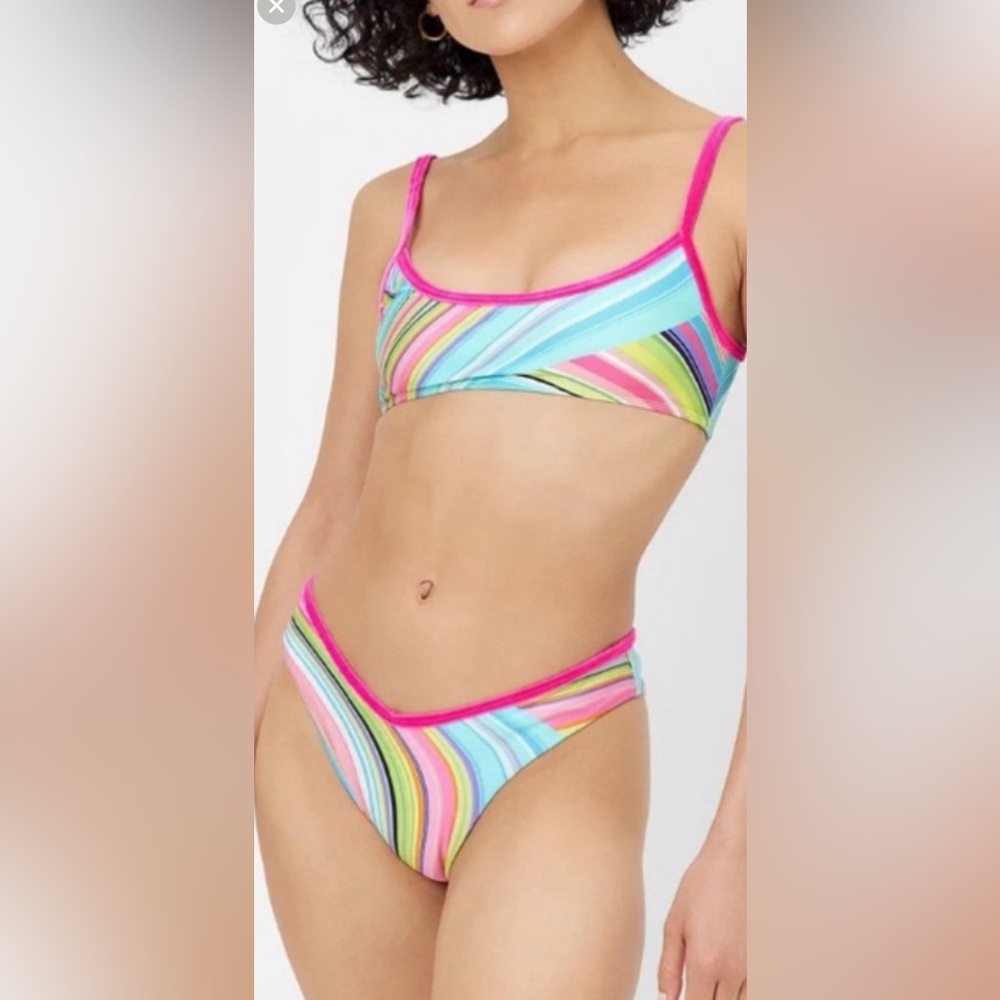 Frankie's Bikinis Multi-Color Striped Scoop Bikini with Hot Pink Trim